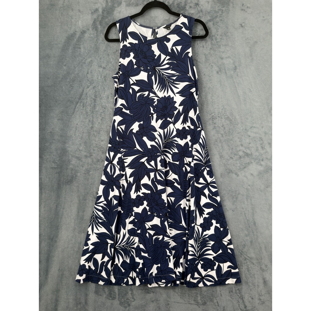 Ann Taylor Dress Womens Size M Floral A Line Stretch Knit Office Career Navy